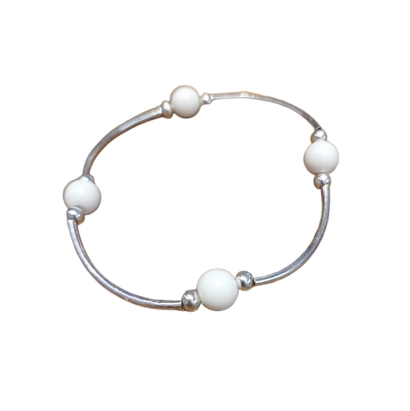 STERLING SILVER SMALLER BEAD WHITE OPAL BLESSING BRACELET. - Picture 5 of 5